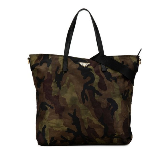 Prada Triangle Plate Camouflage Handbag Shoulder Bag B2600A Khaki Green Nylon Le - Picture 1 of 10